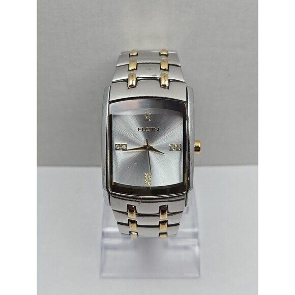 Mens Elgin Two Tone Rectangle Tank Quartz Watch Diamond Accent 33mm New Battery - Picture 1 of 11